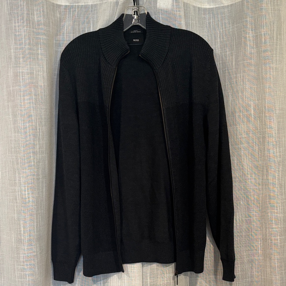 Hugo Boss Men's 100% Merino Wool Dark Zip-Up Sweater